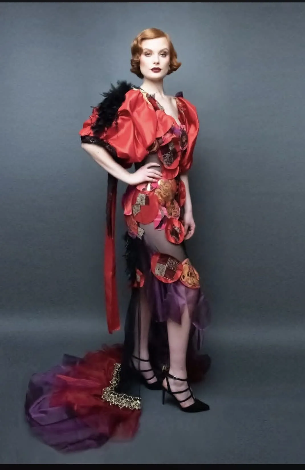 Red couture gown with hand-painted circles, made by Mihaela Panaitescu