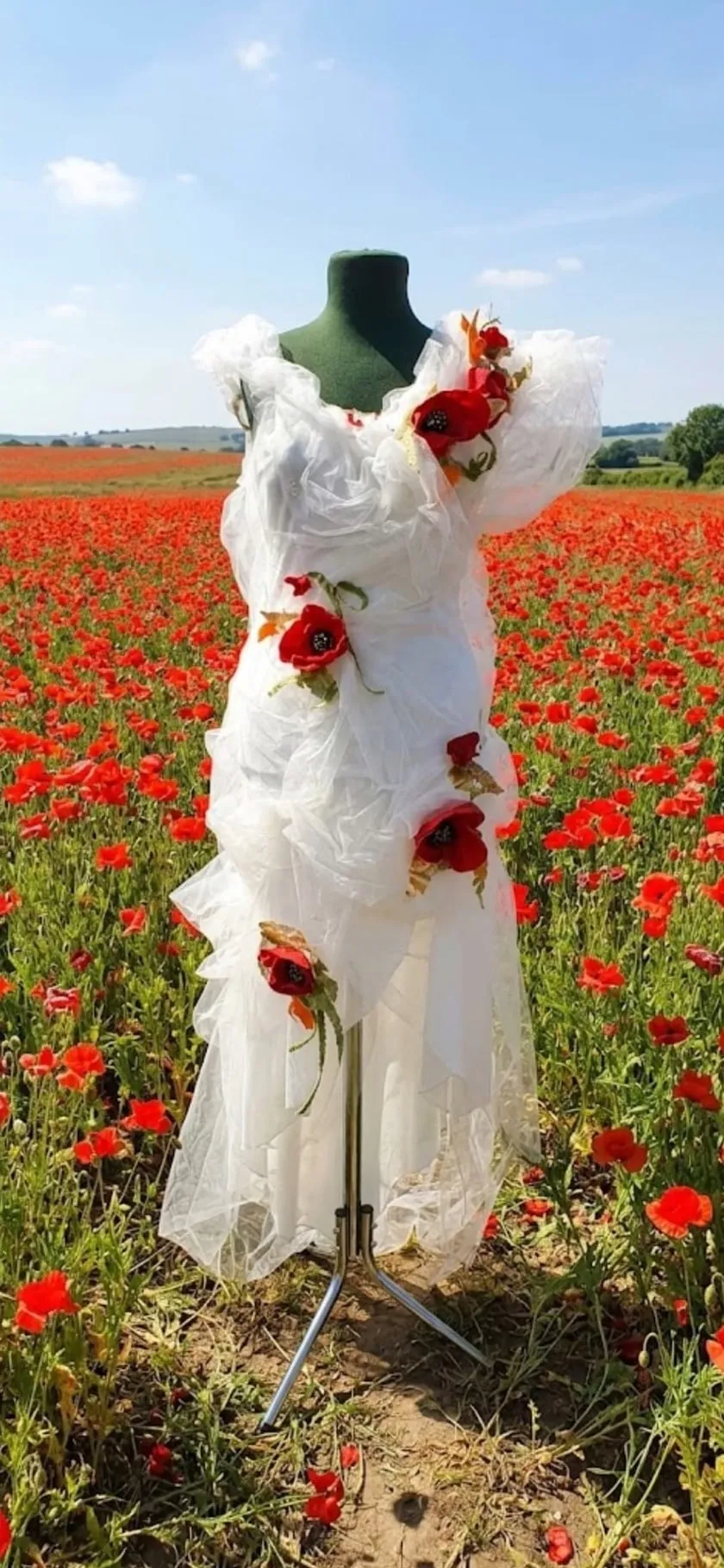 White gown with hand-made poppies, photographed in a poppy field